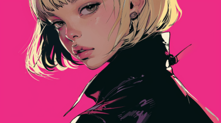 她的动漫女孩穿着黑色，有金色的头发，对比鲜明的阴影，深色粉红色，纸浆漫画，皮革/皮革，优雅，情感面孔，点画，海报艺术，新朋克叛乱，浅米色的脸部皮肤，抗斑点，在 波普艺术肖像画的风格，一面颜色的脸皮，吉卜力工作室风格