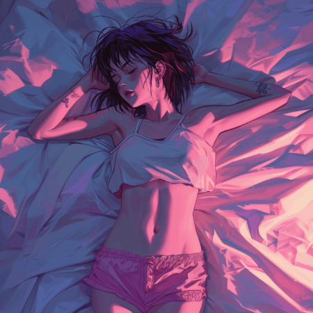 动漫角色躺在床上，看天花板，女性，32K UHD，1990年代，雄伟的姿势，景色，全身，粉红色短裤