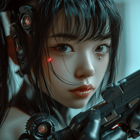 一个18岁的日本半机械人的女孩,拥有令人惊叹的美丽,吸引了无数人,她的脸很苗条,杏仁形的眼睛,直鼻子,她的头发有黑发,带有马尾辫发型,发光的幻想,迷人的凝视 皮肤,颈部和身体是机械的,风格的艺术,并握着未来的技术枪