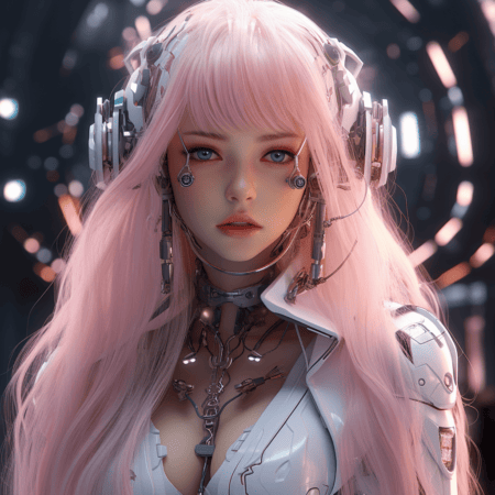 一个18岁的Cyberpunk Cyborg Girl，有长长的白色和粉红色的头发以及公主的剪裁边缘，具有非常精致而美丽的特征，美丽的王国。 她有心形的脸，机械的右眼，迷人的目光和凝视，传达了对未来无能的感觉，也传达了希望的同时，野外深度，强烈的凝视，她的脸上的某些部分也是 机械，她的脖子也是机械的。 她是一半的网络朋克机器人，风格的艺术，鲜明的焦点面，超级真正的4K