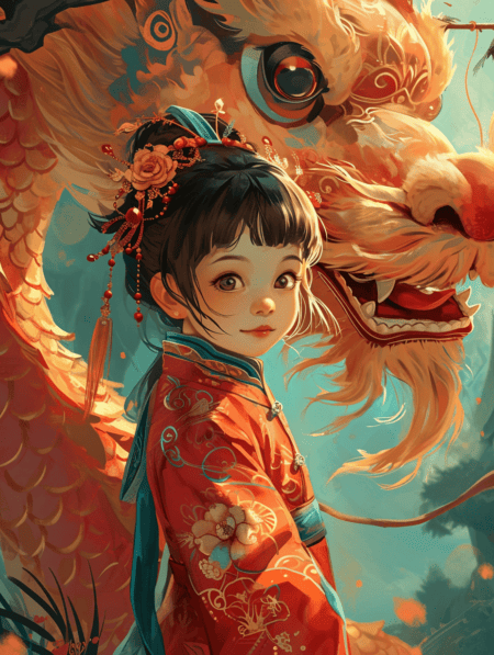 农历新年节,龙年,可爱的女孩与大龙,可爱的风格