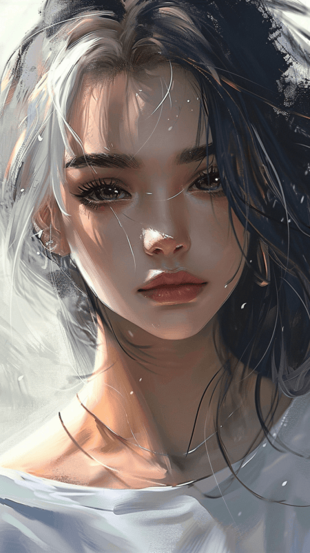 女性眼睛和眉毛，白发，长睫毛，穿着白色T恤