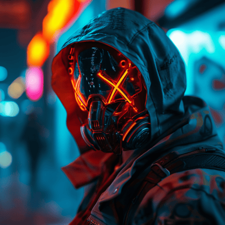 逼真的网络朋克刺客戴着霓虹灯发光面具，其面具，数字时代，未来派