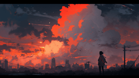 动漫, 动漫之夜, 日落, atey ghailan 风格, 浅黑色和红色, 云白色, 生锈的碎片, 游荡的眼睛, 浪漫化的人物, 大气云, 辉煌