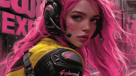 “赛博朋克 Garbex”的新标志设计 川崎 ZX-10RR 上美丽的粉红色长发女孩黄色和黑色，黑色背景，标志设计，详细文字“赛博朋克 Garbex”颜色粉红色莱拉和黑色