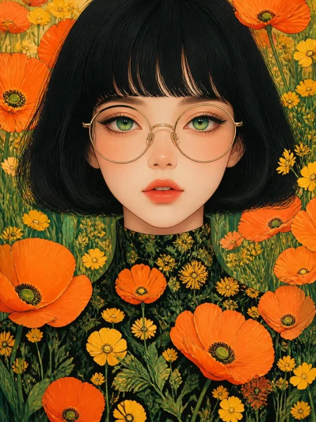 复古植物风动漫少女繁花肖像插画